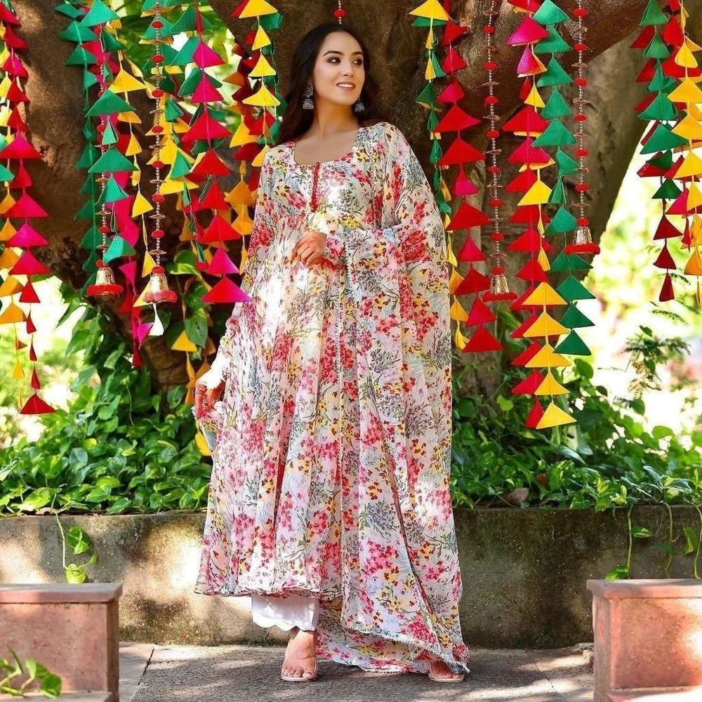 Best Selling Premium Fox Georgette Gown Palazzo And Dupatta Set